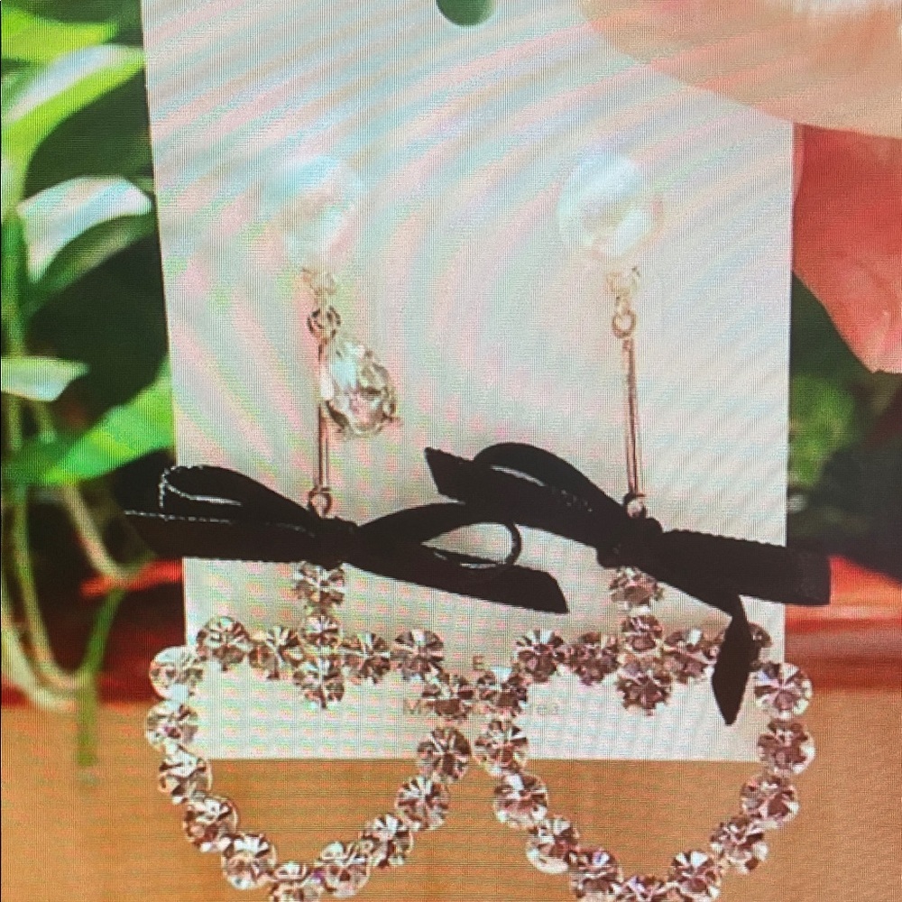 Crystal Heart Earrings with Black Ribbon